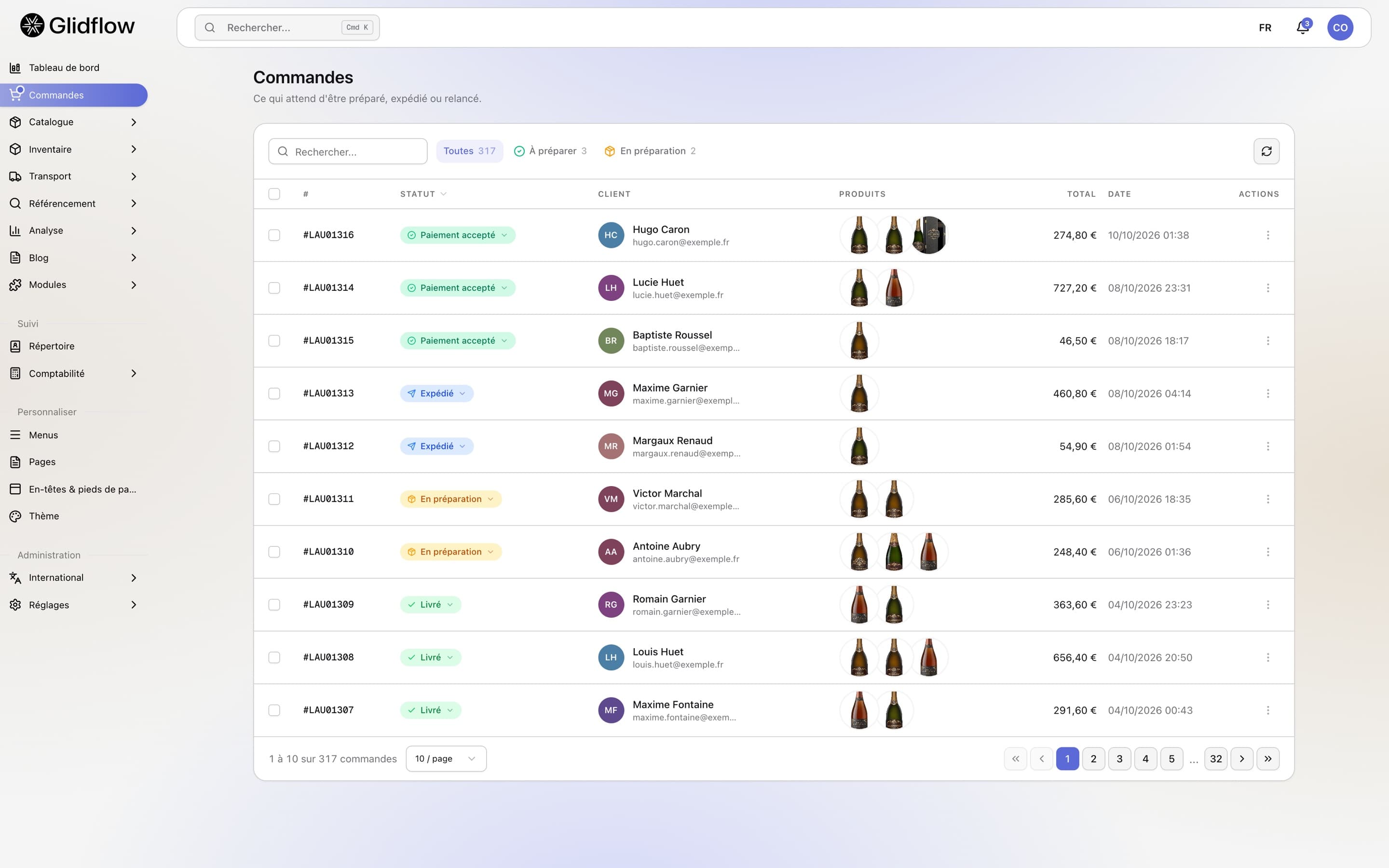 La liste des commandes dans Glidflow : statut, client, produits, total
