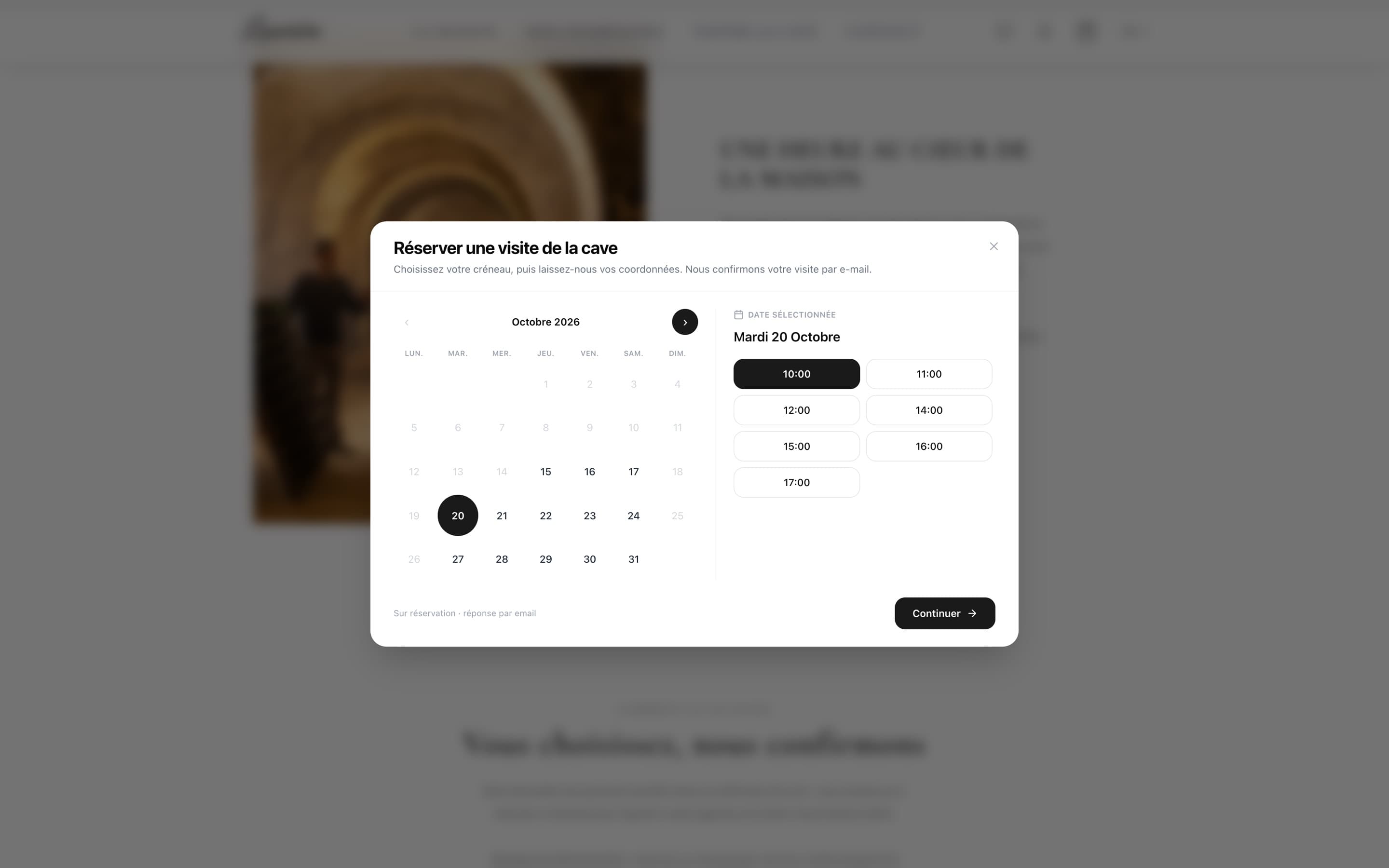 Fenêtre de réservation d’une visite sur le site : calendrier et créneaux disponibles